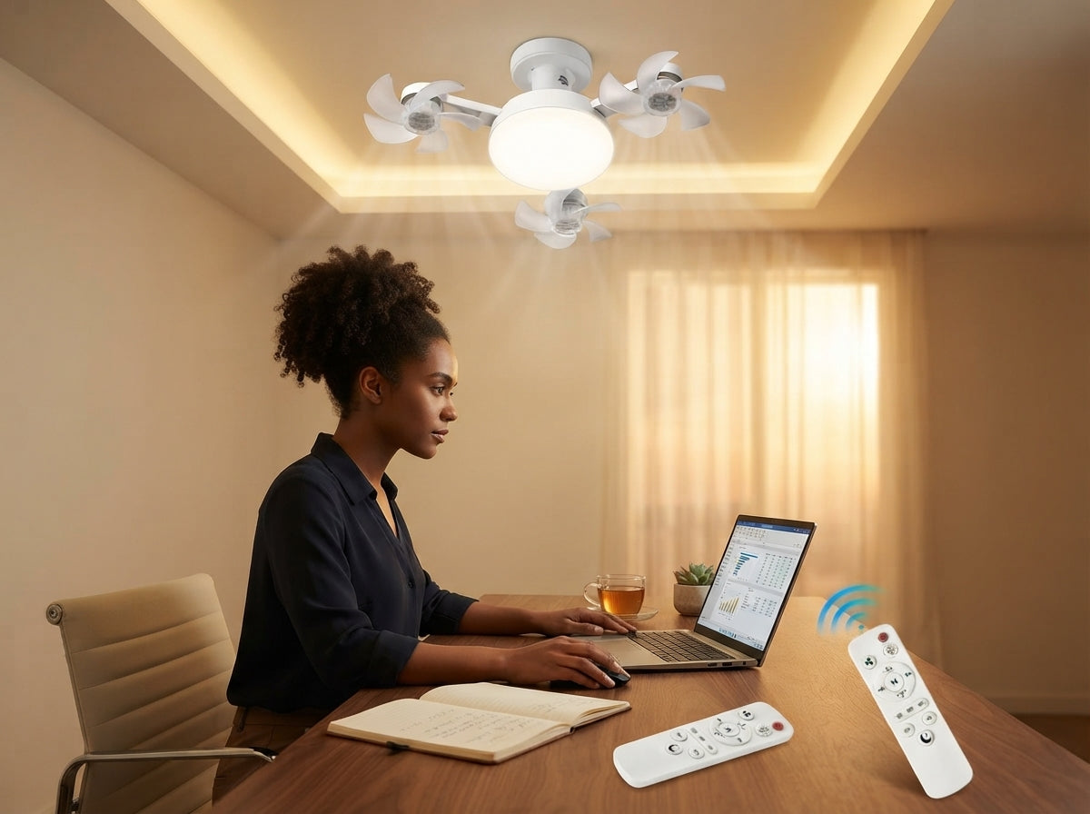 A professional home office workspace featuring a silent LED ceiling fan light above a desk with a laptop.