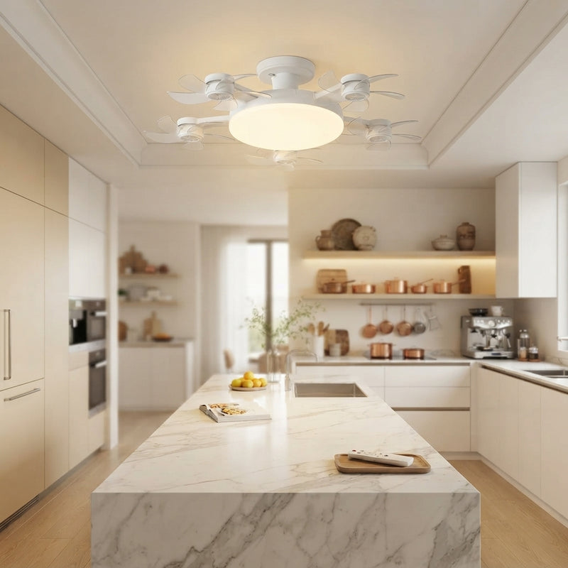 A silent LED ceiling fan light installed in a modern, minimalist kitchen with warm ambient lighting.