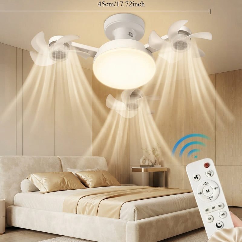 A modern, minimalist bedroom with a sleek silent ceiling fan light installed, creating a serene and elegant atmosphere.